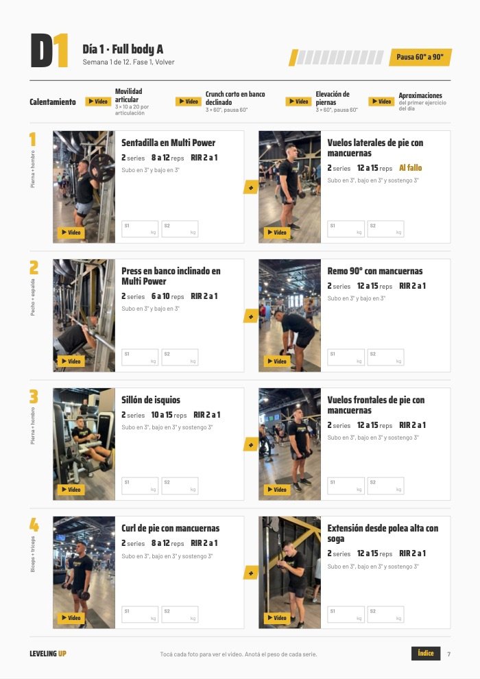 Página del día 1 del plan en el gimnasio: cada ejercicio con su foto, su video, las series y dónde anotar el peso