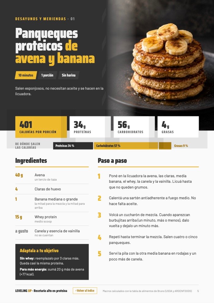 Una receta del recetario, con los ingredientes, los pasos y los macros
